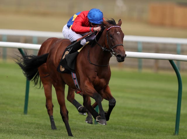Sacred, ridden by James Doyle, goes on to win the Betway EBF Stallions Maiden Fillies’ Stakes at Newmarket Racecourse