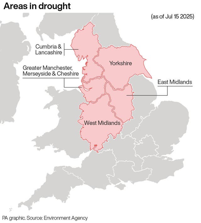 Map of England with areas in drought highlighted in red