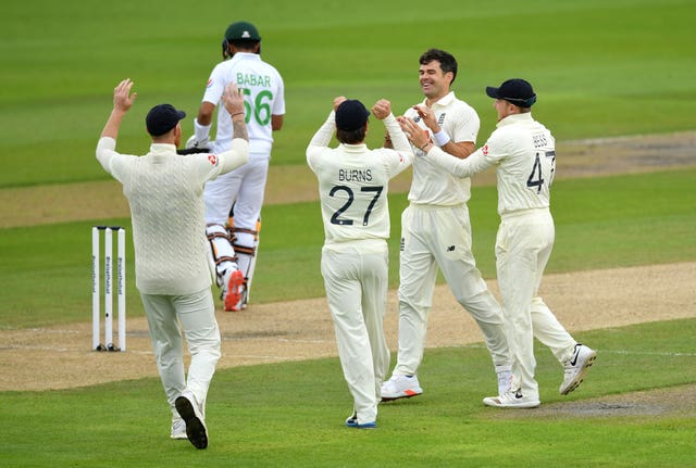 James Anderson celebrates the wicket of Babar Azam