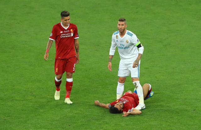Mohamed Salah was hurt during a clash with Real Madrid's Sergio Ramos 