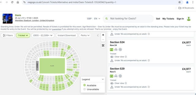 A screengrab taken from the Viagogo website of tickets for the Oasis concert at Wembley Stadium