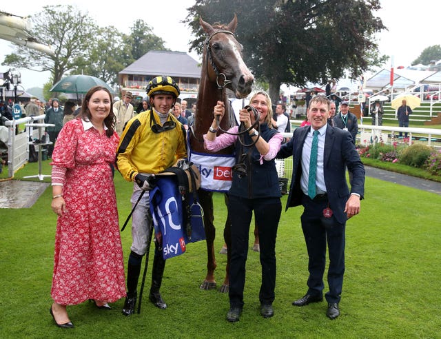 Jockey Ben Coen (second left) and trainer Johnny Murtagh (right) with Sonnyboyliston after winning the Ebor Handicap