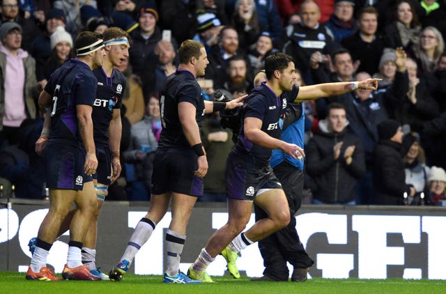 Sean Maitland celebrates scoring his try