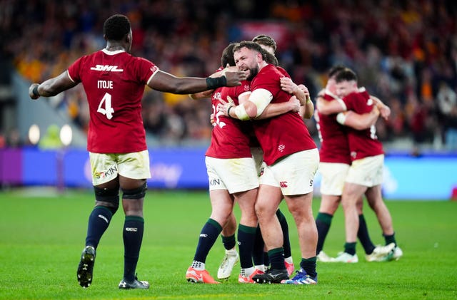 The British and Irish Lions players celebrate their series victory over Australia