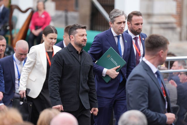 Tánaiste Simon Harris and Ukrainian President Volodymyr Zelensky outside Dublin Castle