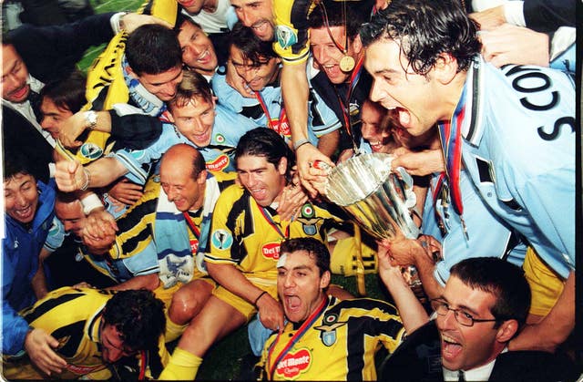 Lazio celebrate winning the UEFA Cup Winners' Cup in 1999