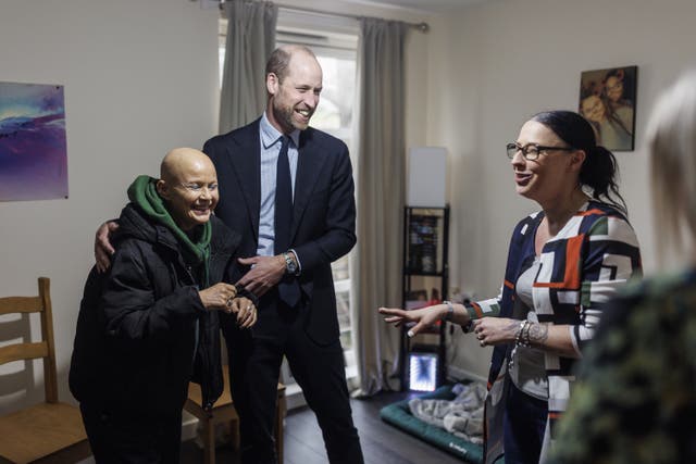 The Prince of Wales with Homewards Advocate Gail Porter, as they met with a resident who is moving into one of 31 newly furnished homes in Aberdeen as part of The Royal Foundation’s Homewards programme
