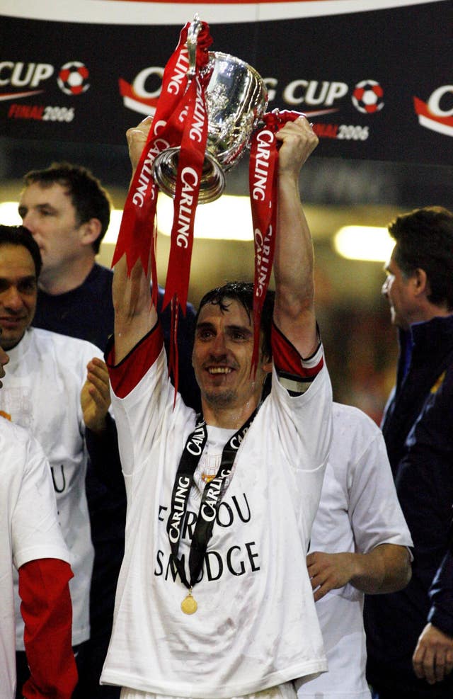 Gary Neville lifts his first trophy as Manchester United captain