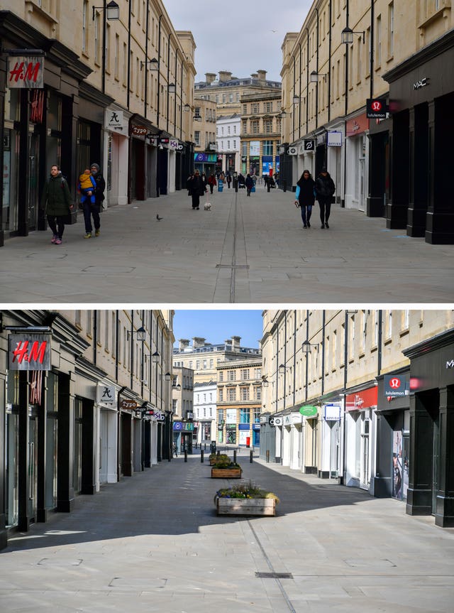 Composite of photos of Bath taken today (top) and the same view on 24/03/20 (bottom), the day after Prime Minister Boris Johnson put the UK in lockdown