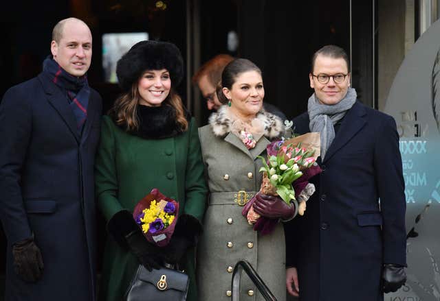 The Duke and Duchess of Cambridge, pictured with the Crown Princess Victoria and Prince Daniel of Sweden on Tuesday, will be joined by the foreign royals during day two of their Nordic tour (Dominic Lipinski/PA)
