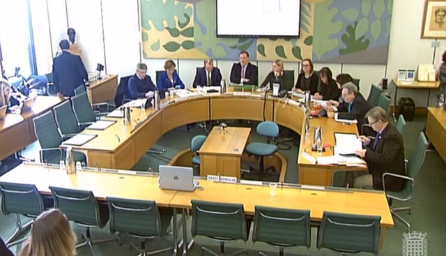 Members of the House of Commons Digital, Culture, Media and Sport Committee sit across from a computer screen as they hear evidence via video link from Sandy Parakilas (PA)