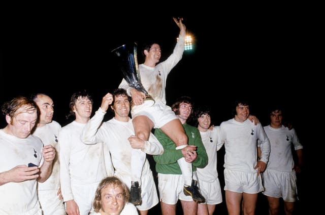 Alan Mullery, top, and Tottenham celebrate with the UEFA Cup