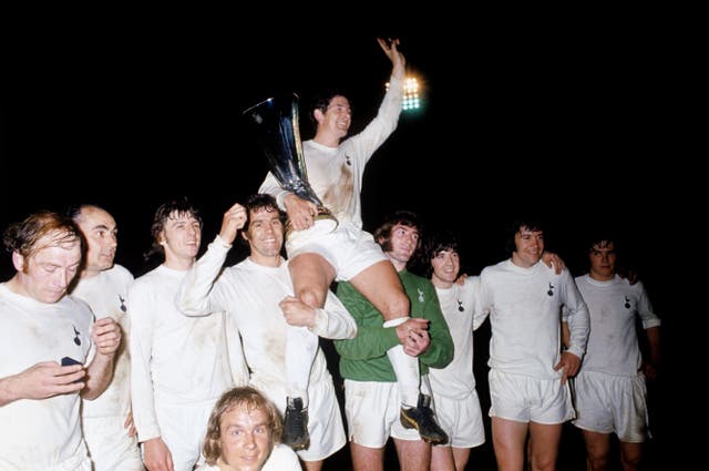 Alan Mullery, top, and Tottenham celebrate with the UEFA Cup