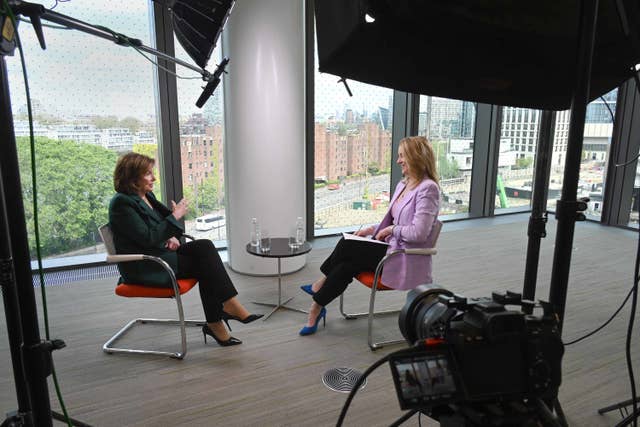 Nancy Pelosi (left) being interviewed on the BBC's Sunday with Laura Kuenssberg (right)