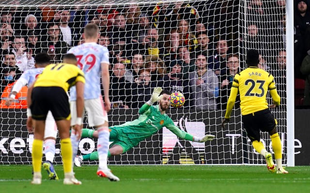 Manchester United goalkeeper David de Gea saves Ismaila Sarr''s retaken penalty