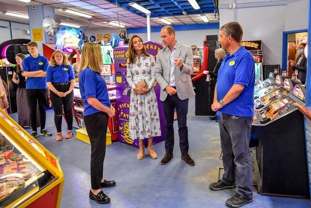 The couple chat with staff at Island Leisure amusement arcade, where Gavin and Stacey is filmed. Ben Birchall/PA Wire