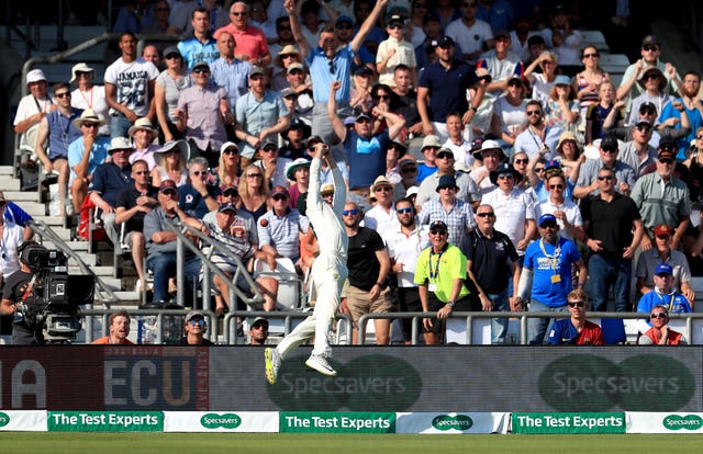 Marnus Labuschagne can't take the catch which would have ended the game as Ben Stokes hits another six