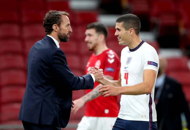 Conor Coady, right, made his England debut against Denmark in September (Nick Potts/PA)