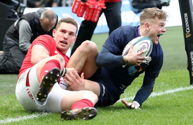 Scotland’s Darcy Graham scores against Wales