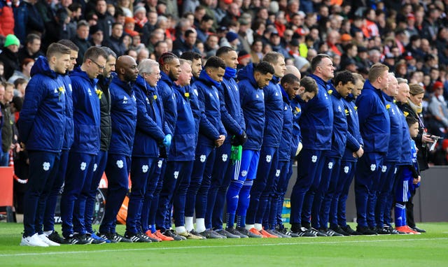 Cardiff City players observe a minute's silence in honour of the late Emiliano Sala during the Premier League match at Southampton