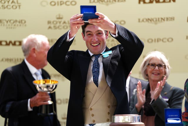 Harry Eustace celebrates after winning the Queen Anne Stakes with Docklands