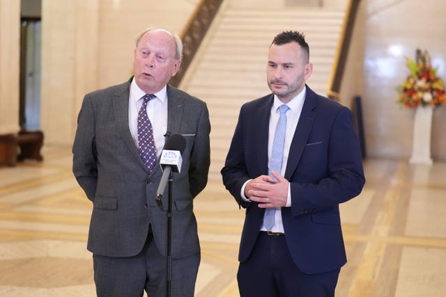 TUV leader and MP for North Antrim Jim Allister (left) and TUV MLA Timothy Gaston during a press conference in the Great Hall in Stormont, Belfast