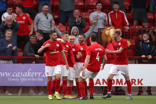 Ronan Hale celebrates scoring Larne's first goal of the game against Bala at Inver Park