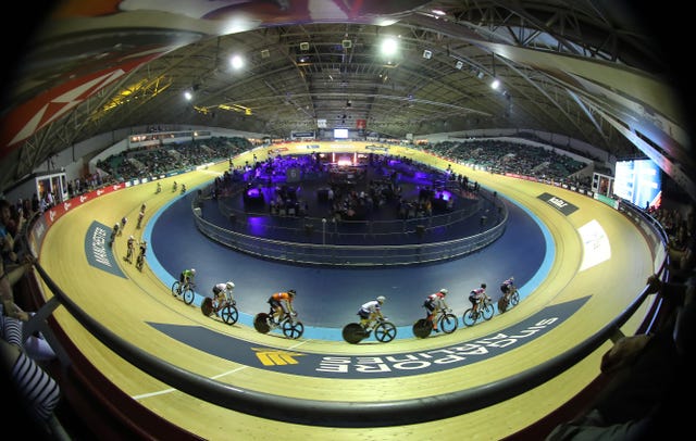 Riders take part in the women’s elimination race during day two of the Six Day Series in Manchester