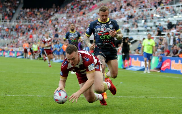 Wigan's Liam Marshall scores a try