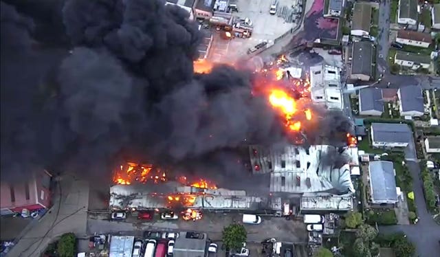 A huge blaze that firefighters have been battling at an industrial building in Hoo, near Rochester, Kent