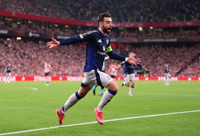 Manchester United’s Bruno Fernandes celebrates scoring in the Europa League semi-final away to Athletic Bilbao