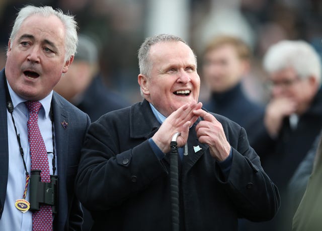 Andrew Gemmell, owner of Paisley Park, celebrates after his Sun Racing Stayers' Hurdle victory