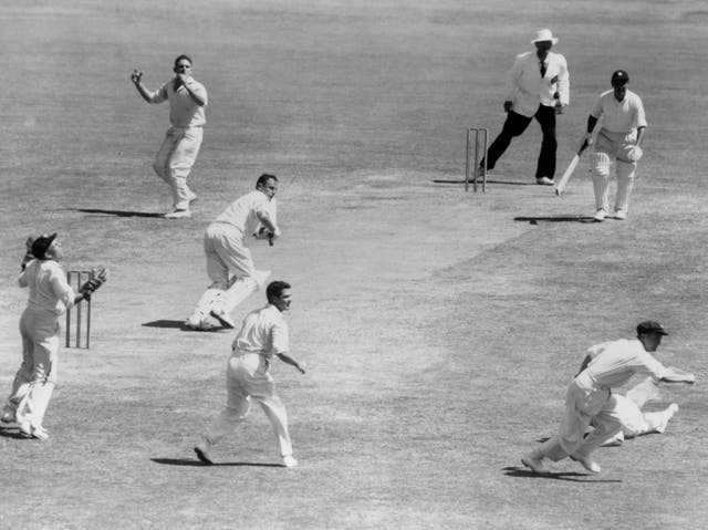 Peter May batting against Australia.