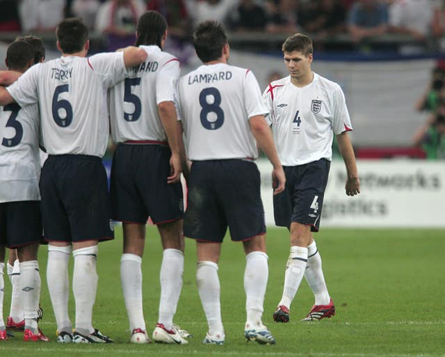 Gerrard makes the lonely walk back after failing to score his penalty during a World Cup quarter-final clash with Portugal at the 2006 World Cup