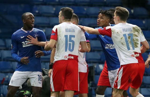 Rangers’ Glen Kamara (left) accused Slavia Prague’s Ondrej Kudela of racial abuse, an allegation the Czech denies 