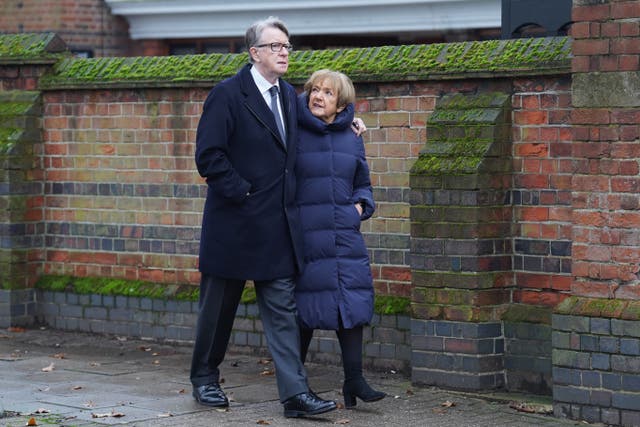 Lord Peter Mandelson and Dame Margaret Hodge arrive for Baroness Glenys Kinnock's funeral