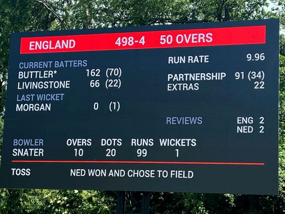 The scoreboard after England scored the highest total in a one-day international