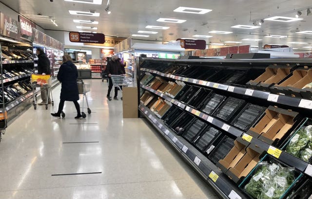 Depleted shelves in Sainsbury's at the Forestside shopping centre in Belfast