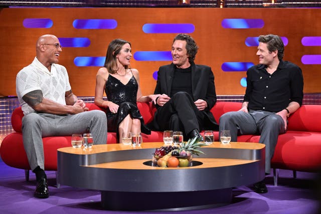 Dwayne Johnson, Emily Blunt, Matthew McConaughey and James Norton on a sofa on The Graham Norton Show set