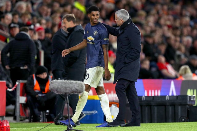 Manchester United manager Jose Mourinho, right, substituted Marcus Rashford during the 2-2 draw at Southampton 