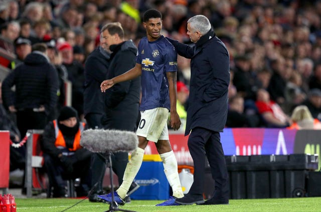 Manchester United manager Jose Mourinho, right, substituted Marcus Rashford during the 2-2 draw at Southampton