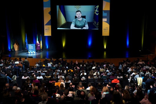 Ukraine president Volodymyr Zelensky addresses Irish students