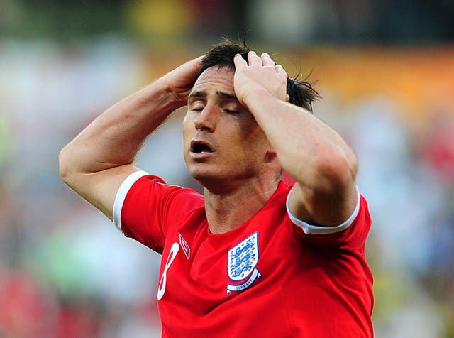 Frank Lampard cannot believe it after his clear goal against Germany is not given