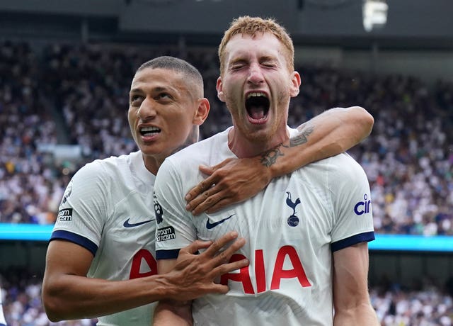 Dejan Kulusevski (right) celebrates with Richarlison after scoring Tottenham's winner