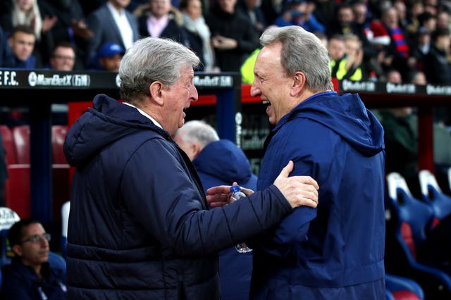 Crystal Palace manager Roy Hodgson (left) and Cardiff counterpart Neil Warnock (right) shake hands during the Premier League match at Selhurst Park