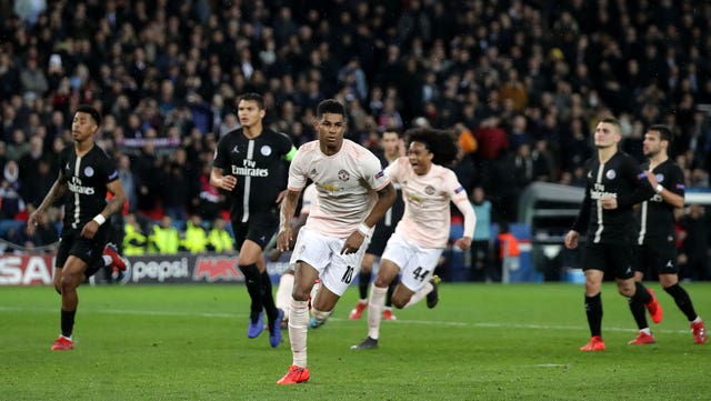 Marcus Rashford scored a contentious late penalty against Paris St Germain to send Manchester United through when they met in the Champions League last 16 in 2019 (John Walton/PA).