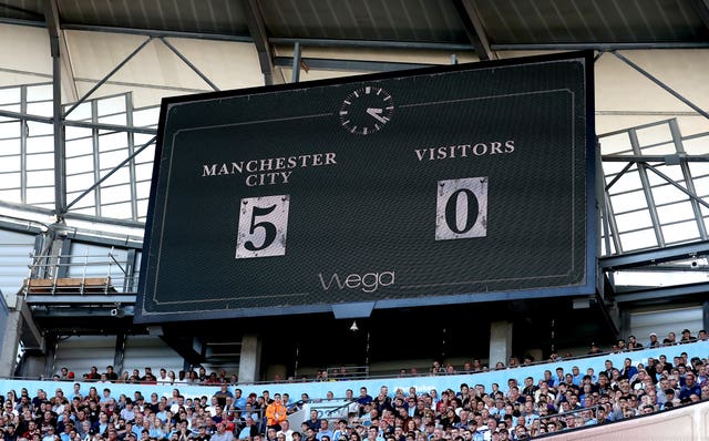 The Etihad Stadium scoreboard says it all as City ran riot last week