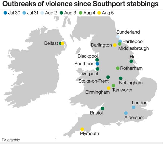 Colour-coded map showing areas where violent unrest has occurred and on what dates