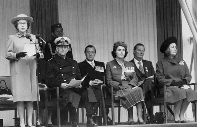 Lady Pamela Hicks (extreme right) joins the Queen at the unveiling of a statue honouring her father, the late Lord Mountbatten, in London in 1983