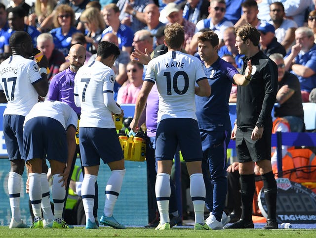 Tottenham's Harry Kane speaks with Mauricio Pochettino on the touchline 